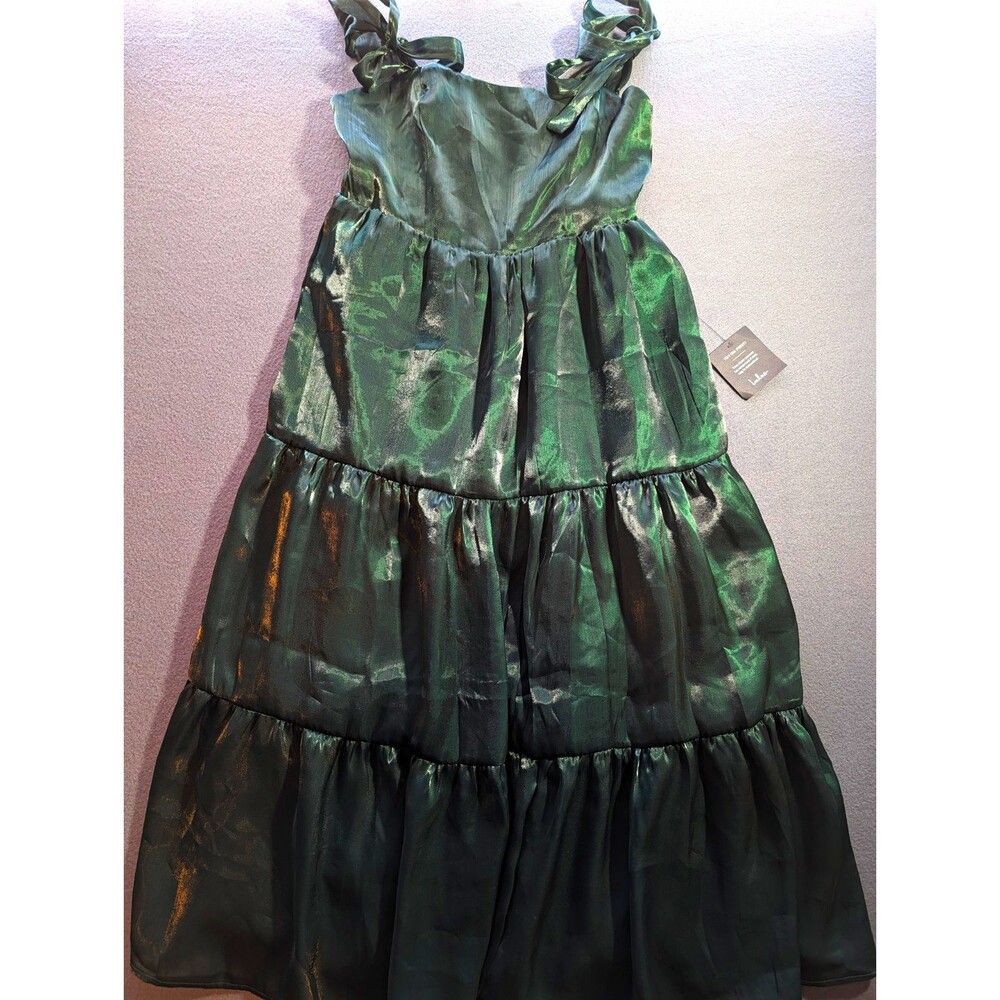 Lulus Dark Green Metallic Tiered Maxi Dress Size Large Tie Strap Formal Gown